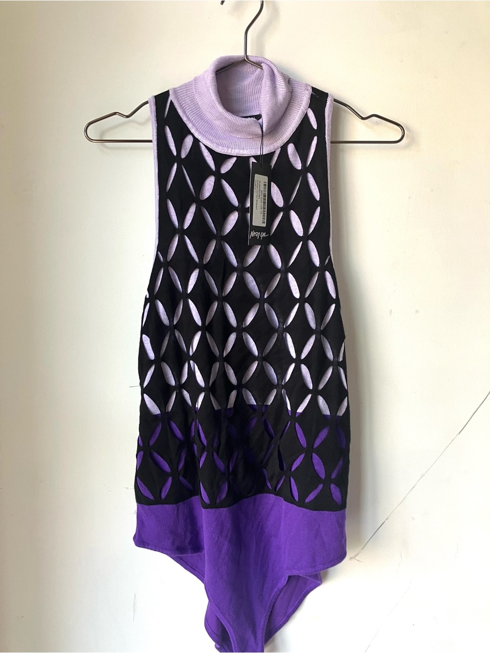 Nasty Gal Black & Lavender Cutout Turtleneck Bodysuit with Purple Hem